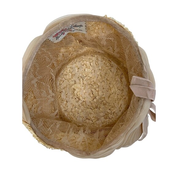 Vintage 50s Woodward & Lothrop Hat Beige Pleated Chiffon & Straw Pillbox Bow - Picture 4 of 7